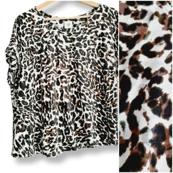 CABI Boxy Asymmetric Hem Soft Short Sleeve Leopard T-shirt Top Sz M - Picture 1 of 8